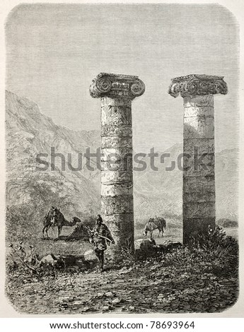 Old illustration of Cybele temple columns in Sardis, Aegean region, Turkey. Created by Gaiaud, published on Le Tour du Monde, Paris, 1864