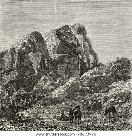 Old illustration of a Phrygian tomb excavated in the rock, near Harmancik, Marmara region, Turkey. Created by Gaiaud, published on Le Tour du Monde, Paris, 1864