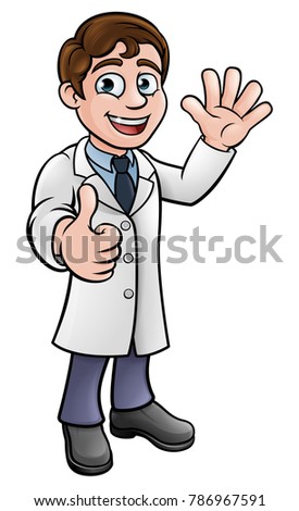 A cartoon scientist professor wearing lab white coat waving and giving a thumbs up