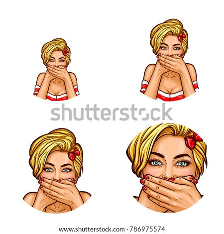 Set of vector pop art round avatar icons for users of social networking, blogs, profile icons. Beautiful woman with blond hair and red bow on her head covered her mouth with palms, silence, not say