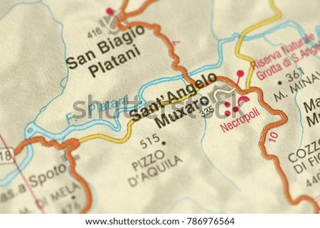 Sant Angelo Muxaro. Map. The islands of Sicily, Italy.