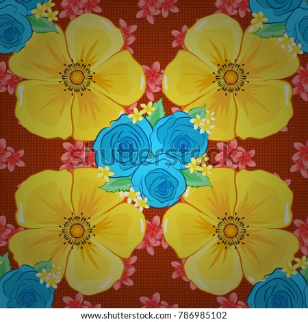For backgrounds, textiles, wrapping papers, greeting cards. Vector illustration. Romantic seamless pattern with watercolor bouquet of abstract cosmos flowers in yellow, orange and blue colors.