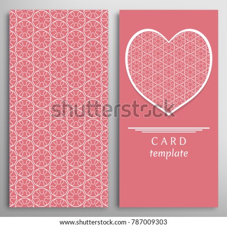 Set of decorative cards with line geometric texture. Vertical linear pattern and ornate heart background. Lace card, vector template for Wedding, Valentine's day, Birthday Invitation