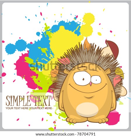 Cartoon hedgehog on a withe background with blots. Vector illustration. Place for your text.