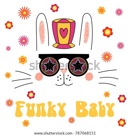 Hand drawn vector portrait of a cute funny cartoon bunny in funky hat and glasses, with typography. Isolated objects on white background. Vector illustration. Design concept for children.