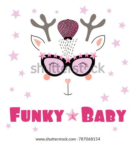 Hand drawn vector portrait of a cute funny cartoon reindeer in funky hat and glasses, with typography. Isolated objects on white background. Vector illustration. Design concept for children.