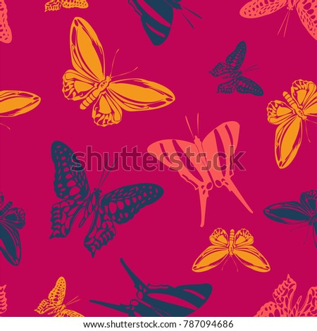 Creative seamless butterfly engraving pattern isolated on contrast back layer. Spring butterfly etching theme vector. Insect silhouette artwork for marketing purpouses.