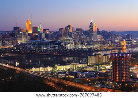 A View of the Cincinnati city center at dusk