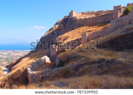 Photo from iconic castle of Acrocorinth above archaeological site of ancient Corinth, Peloponnese, Greece