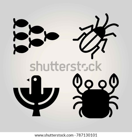 Animals vector icon set. crab, flying bird, shoal and cockroach