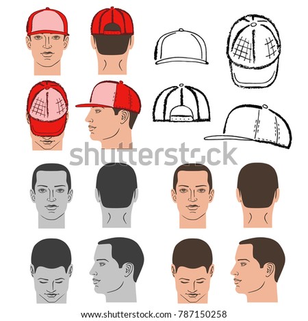 Baseball, tennis, rap cap outlined oil pastel template sketch collection (front, back and side views) and man head, vector illustration isolated on white background