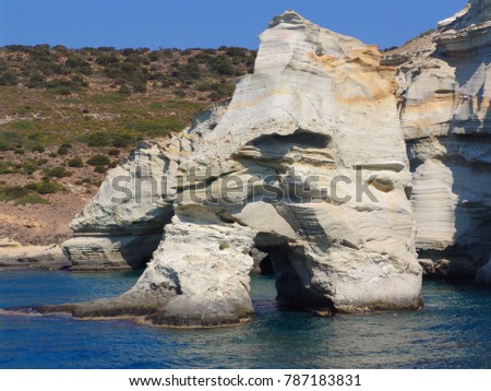 Photo from iconic Kleftiko with unique white rock formations and turquoise clear waters, Milos island, Cyclades, Greece
