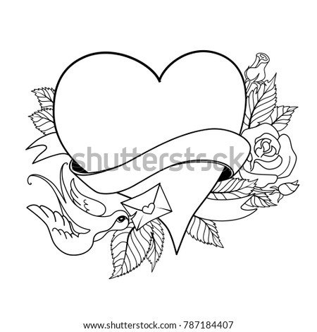 Vector Valentines Day greeting card with heart, made in classic old school tattoo style. Retro design. Black contour on white background, can be used for coloring book