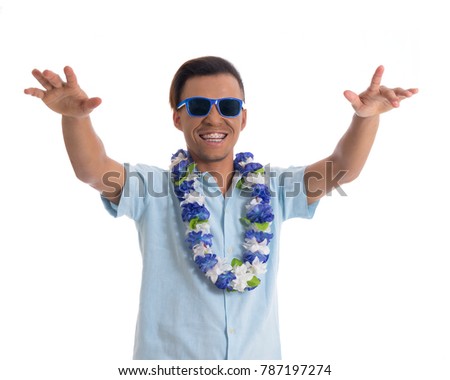 Young black man wears sunglasses and flower necklace. Theme for Carnival, Mardi Gras, party and joy.