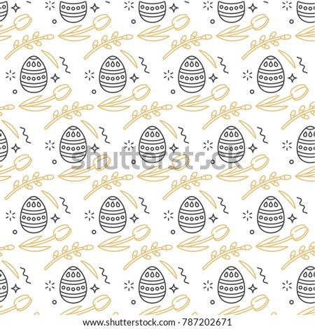 Vector pattern with linear icon flowers and easter decorative eggs on dark gray background. Happy Easter background. Illustration for wrapping paper