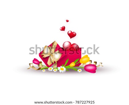 Illustration for valentine's day red hearts in box decorated with tulips