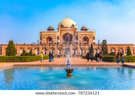 Royal views of the first garden-tomb on the Indian subcontinent. The Tomb is an excellent example of Persian architecture. Located in the Nizamuddin East area of Delhi, India. Humayun Tomb in Delhi. Royalty-Free Stock Photo #787236121