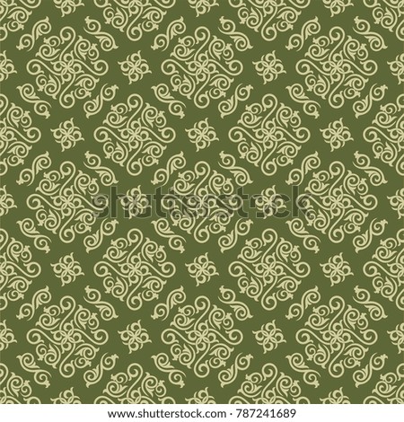 Seamless herbaceous background with olive pattern in baroque style. Vector retro illustration. Islam, Arabic, Indian, ottoman motifs. Perfect for printing on fabric or paper. 