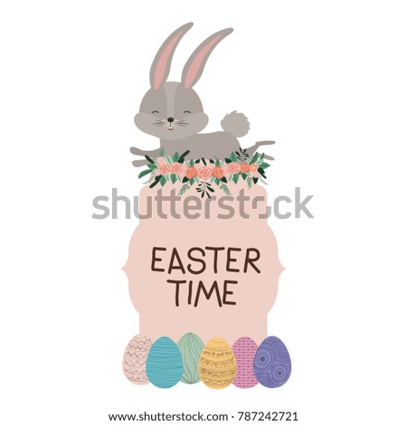 easter time frame with bunny on top and easter eggs and ornament floral in colorful silhouette