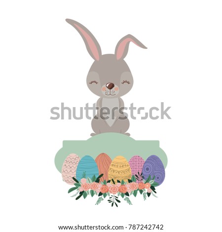 bunny on top of frame with easter eggs and ornament floral in colorful silhouette