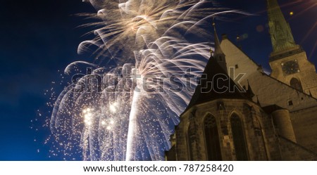 beautiful golden fireworks over the church in Pilsen banner size