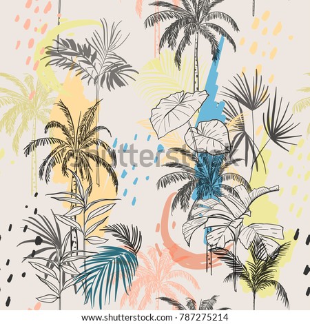 Vector illustration of a hand drawn palm trees and leaves. Seamless vector pattern with colorful polka dots hand painting on beige background.