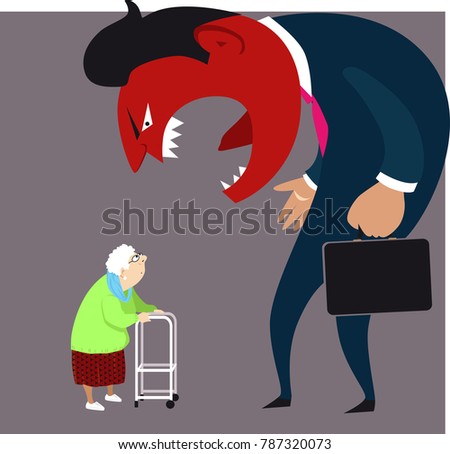 Elder abuse: a monster man yelling at an old lady, EPS 8 vector illustration