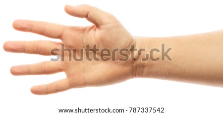 Man hand sign - empty open palm gesture, isolated on white background.
Hand with five fingers.