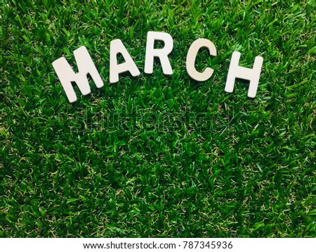Image March, wooden alphabet March on green grass background with copy space for your text. Concept be used for calendar, month and background. Blur picture and exposure.