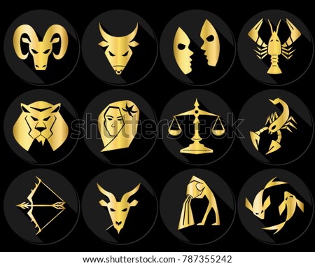 Zodiac signs (horoscope symbols) flat icons set. Golden stylish design