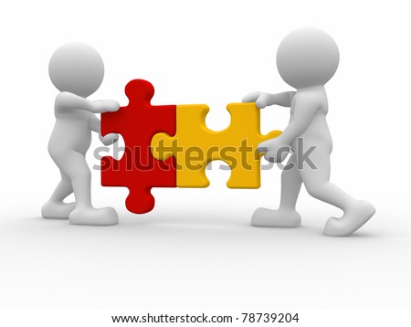 Two person matching puzzle pieces -This is a 3d render illustration