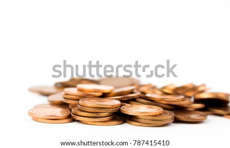Stack of copper coins isolated on white background,Blur backgrou