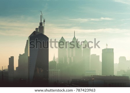 Hazy sunrise over Philadelphia skyline