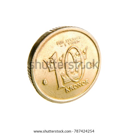 One Swedish ten krona golden coin isolated on white. Royalty-Free Stock Photo #787424254