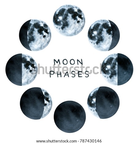 Phases of the Moon, water color collection. Cyclically changes from new moon, crescent, quarter, gibbous to full moon, seen from Earth. Hand drawn art graphic, black text, isolated, white background.