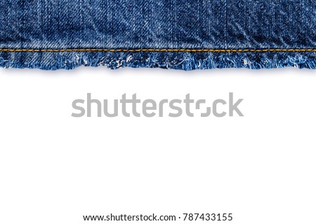 Denim frame with Straight orange stitch on blue denim fabric with fringe edge, isolated on white background, text place, copy space