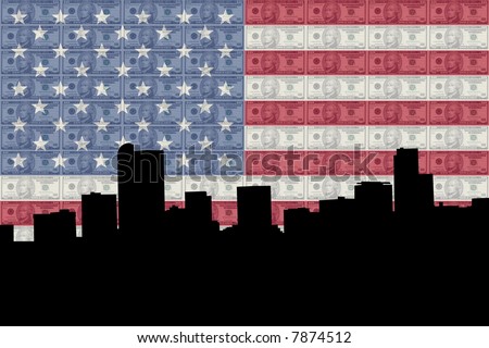 Denver skyline with ten dollar bills and American flag