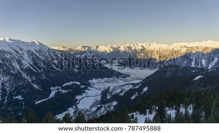 Panoramic view of a valley in the mountains in Ötztal near Sölden in Austria, Tirol. 
