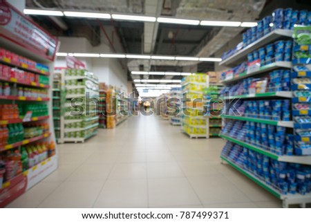 Supermarket blurred background with colorful shelves and unrecognizable customers