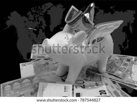 Abstract of piggy bank and world map. Saving money for vacation concept 