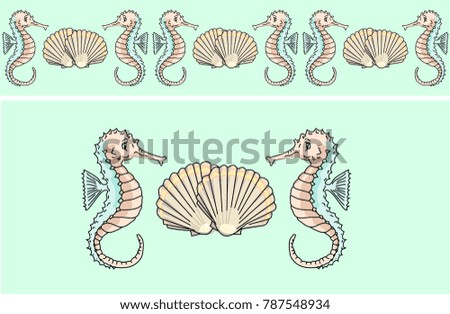 Beach theme sea horse and shell repeat pattern vector illustration on sea green background
