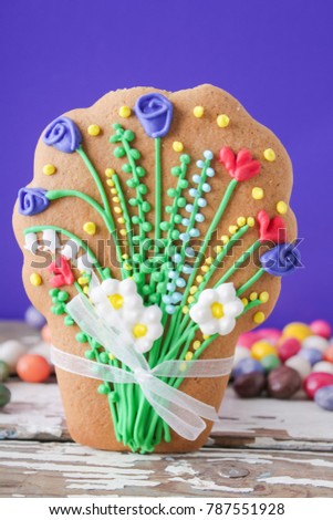 Homemade gingerbread cookies in the shape of flowers.ginger biscuits for March 8.International Women's Day, St. Valentine's Day 
