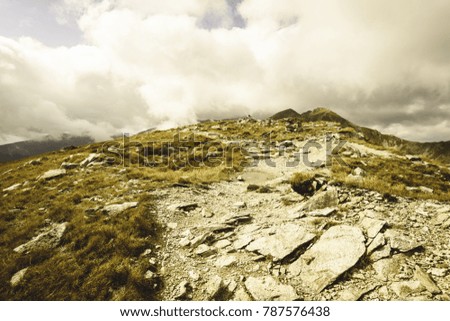 slovakian carpathian mountains in autumn. nice day for hiking. sharp rocky hill tops - vintage film look