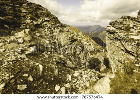 slovakian carpathian mountains in autumn. nice day for hiking. sharp rocky hill tops - vintage film look