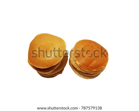 Homemade Stack of Tasty pancakes isolated on white background. Closeup Delicious Pancakes. Top view.