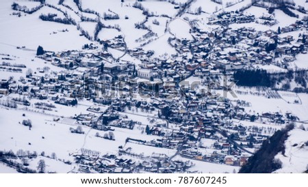 Top Shot / drone shot of a small town in winter in Ötztal near Sölden in Austria, Tirol
