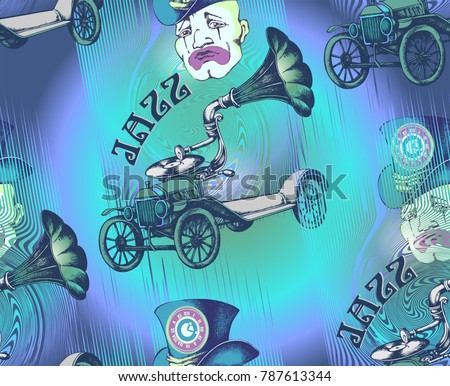 Pattern of sad clown and steampank car. Vector illustration