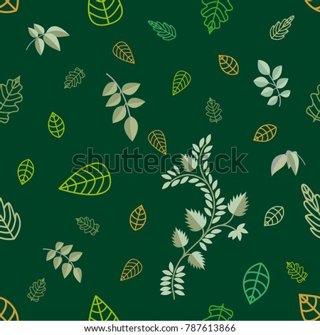 Green leaves and plants on emerald background. Seamless vector pattern with floral motifs. Design for textile, packaging, cards. Ecological concept.