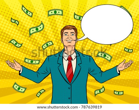 Happy businessman with smile and hands spread wide pop art retro raster illustration. Text bubble. Comic book style imitation.