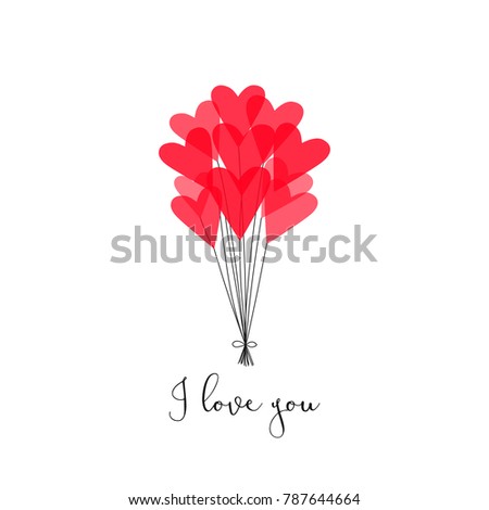 Valentines day greeting card with red heart shape balloons with a calligraphic inscription I love you. Vector illustration